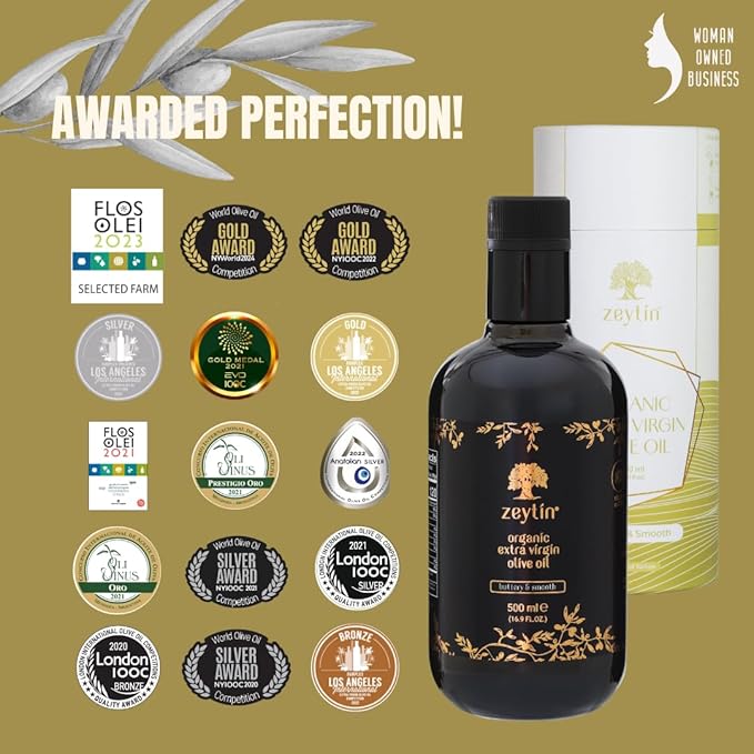 Zeytin Organic Olive Oil Extra Virgin - GOLD MEDAL &amp Early Harvest - Fresh 2024 Harvest Bottled in Jan 2025 - New Luxury Packaging - Keto &amp Cold Pressed - Buttery &amp Smooth (16.9fl oz - 1