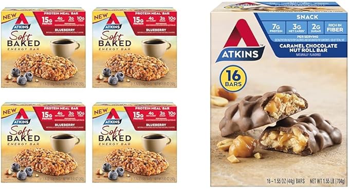 Atkins Soft Baked Blueberry Protein Bars 20 Count &amp Caramel Chocolate Nut Roll Snack Bars 16 Count Bundle