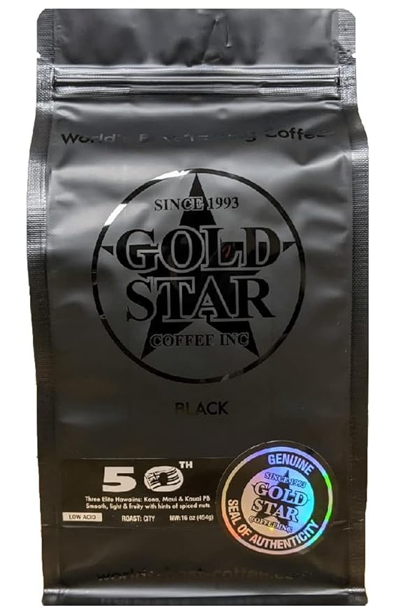 Gold Star Coffee 50th - 100% Hawaiian Coffee Blend - Kona Maui &amp Kaui Pea Berry - Low Acid Coffee