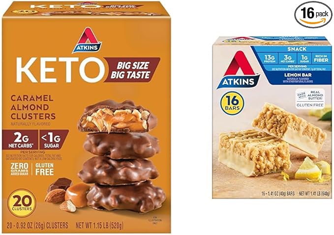Atkins Caramel Almond Clusters Gluten Free Keto Snack Bars with Lemon Bar 16 Count
