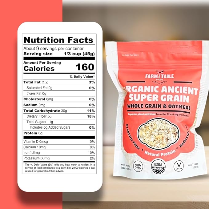 Farm to Table Foods Organic Ancient Super Grain Oatmeal – High-Protein Plant-Based Unsweetened Non-GMO Whole Grains – 3-Pack (14 oz. Bags)