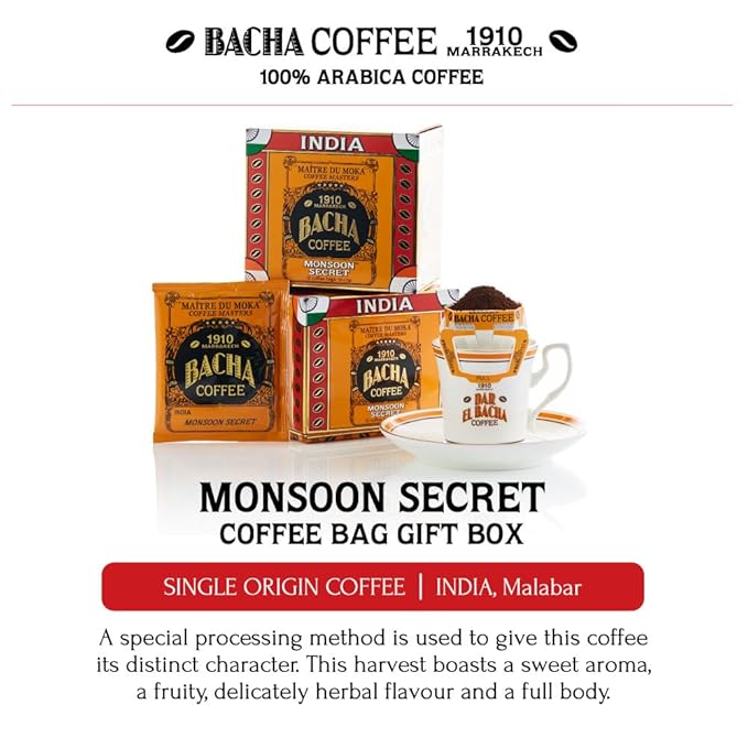 Bacha Coffee | Monsoon Secret India Single Origin Medium Dark Roast 100% Arabica Specialty Coffee 12 Coffee Drip Bags Gift Box