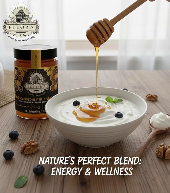 Ellora Farms Greek Honey Single Estate PDO Pine &amp Thyme Raw Honey Unfiltered Beautiful Gift Pack with Dipper Beekeepers Reserve Pure Raw &amp Unfiltered Cold-Pressed Gluten Free - 450 g