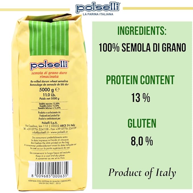 POLSELLI Italian Semola Flour 11 lbs (5 kg) Fine Ground Semolina Rimachinata for Fresh Pasta Bread Durum Wheat Product of Italy