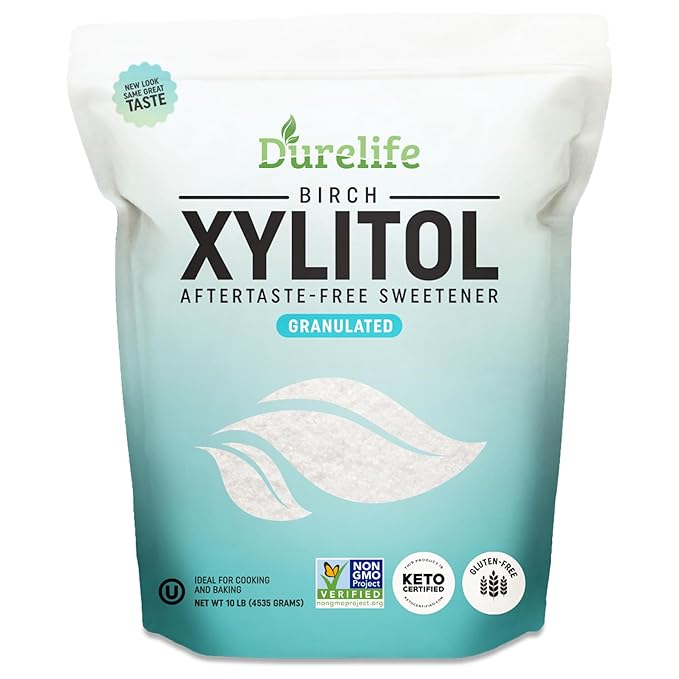 DureLife XYLITOL Sugar Substitute 10 LB (160 OZ) Made From 100% Pure Birch Xylitol NON GMO - Gluten Free - Kosher Sugar alternative