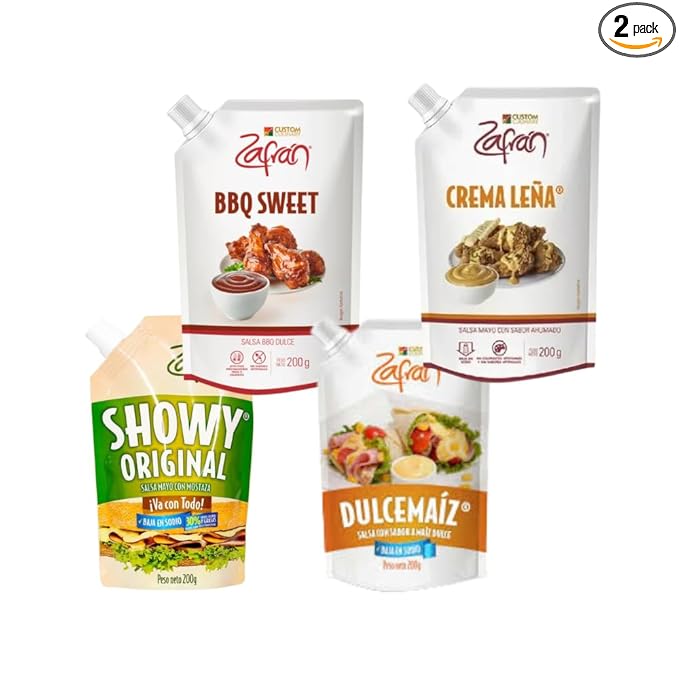 Zafran Salsa Showy 200gr Salsa BBQ Sweet 200gr Salsa Dulce Maiz 200gr Salsa Crema Leña 200gr (4 Pack) Honey BBQ sauce Colombian showy sauce Zafran sweet corn sauce Zafran firewood cream sauce