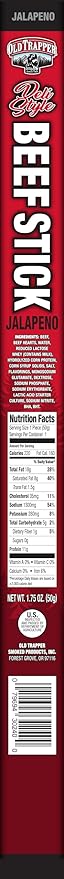 Old Trapper Deli-Style Sausage Sticks Jalapeño Flavor 1.75-Ounce Individually Wrapped Packages 11 Grams of Protein and Zero Grams of Sugar per Serving (Pack of 26)