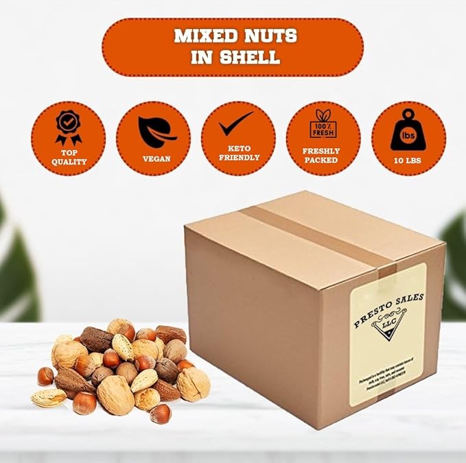 Presto Sales Mixed Nuts in Shell 160 oz | Fancy Brazil Nuts Hazelnuts Walnuts Almonds and Pecan | Raw Fresh High Protein All Natural Nuts Mix | Packed in 10 lbs Box