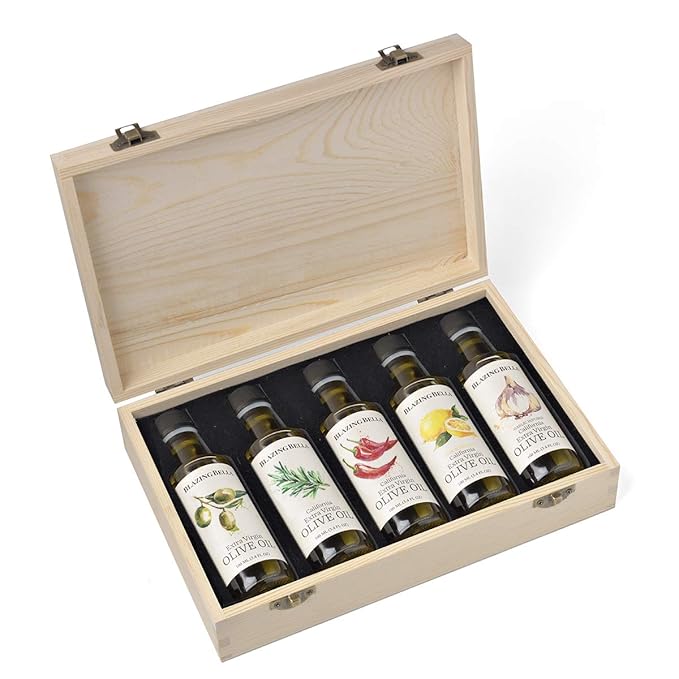 Blazing Bella Olive Oil Gift Set – Extra Virgin and Infused Olive Oil Sampler Set – Garlic Lemon Rosemary &amp Smoky Jalapeño – Cold-Pressed California Olive Oil – 5 × 100ml Bottles