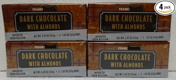 Trader Joe Belgian Dark Chocolate with Almonds 3 Small Bars 4.97oz 141g (4 Bags)