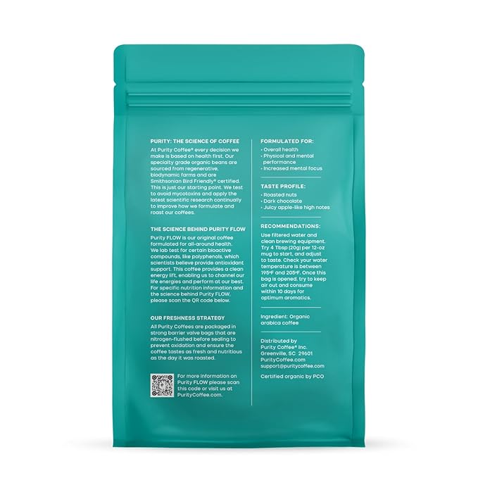 Purity Coffee FLOW Original Medium Roast Whole Bean (12oz Bag) | Specialty-Grade USDA Organic Arabica Blend | Third Party Tested for Mold Mycotoxins &amp Pesticides