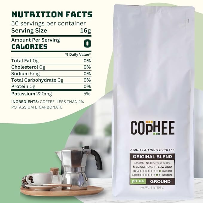 Low Acid Coffee – Original Blend – Bulk Pack – Ground Medium Roast – Smooth Non-GMO Arabica Coffee – Electrolyte Infused for Sensitive Stomachs Acid Reflux and Heartburn ~pH 6.5 – 32 oz Original by