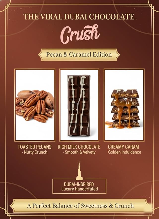 Crush Dubai Pecan Chocolate Bar – 8 oz Luxury Gift Filled with Toasted Katafi Pecan Cream &amp Tahini Inspired by the Classic Knafeh Dessert