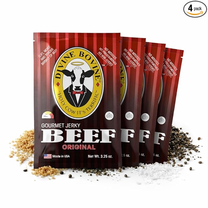 Divine Bovine Gourmet Jerky - Original Flavor 4 Pack (3.25 oz Bags) Premium Steer Brisket All-Natural No Artificial Preservatives Protein Snack