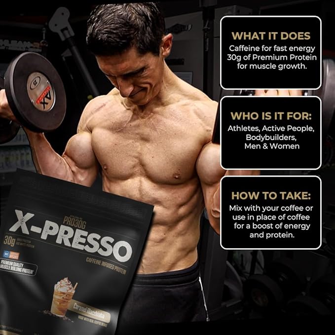 ATHLEAN-X PRO-30G Xpresso Premium Caffeinated Protein Powder Caramel Macchiato Gluten-Free Low Sugar 30g of High Protein Powder for Muscle Recovery &amp Growth NSF Certified for Sports
