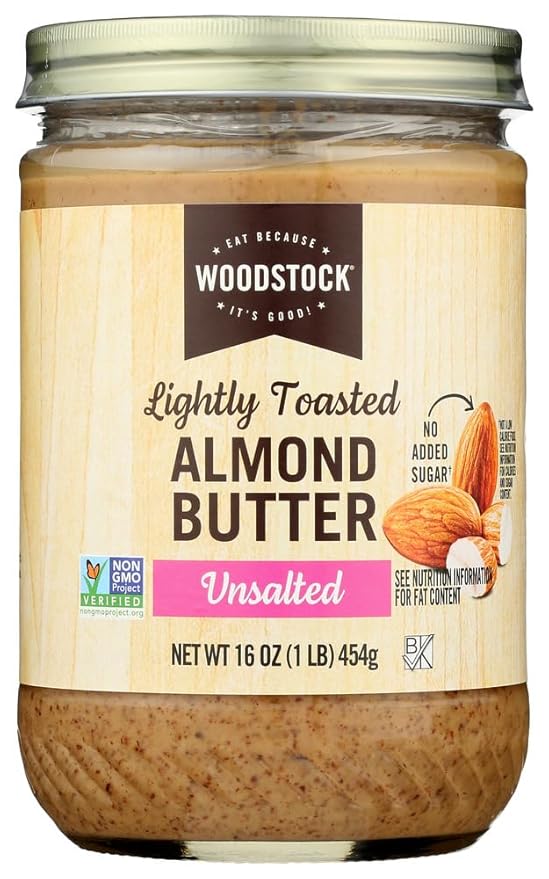 Woodstock Almond Butter - Lightly Toasted - Unsalted - Case of 12 - 16 oz.