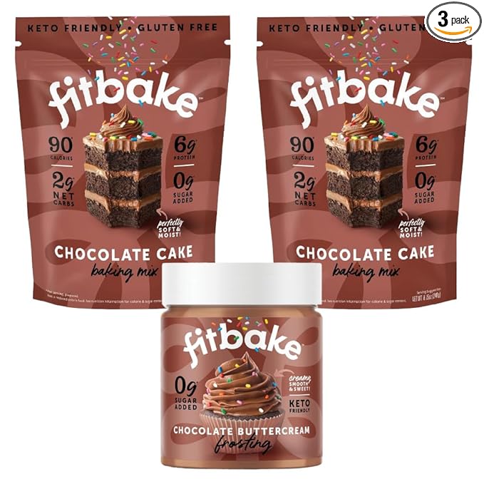 FitBake Chocolate Cake Baking Mix and Chocolate Frosting Bundle | 0g to 2g Net Carbs Per Serving | Keto Friendly Low Carb Food | Naturally Sweetened Keto Snacks | Gluten Free Desserts | No Added Sugar