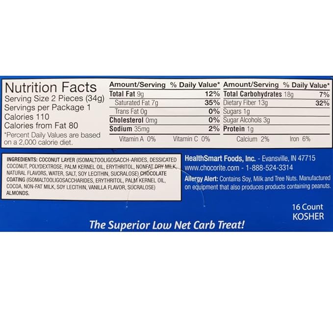 HealthSmart Chocorite Coconut Almond 16 Pack No Sugar Added Gluten Free Kosher