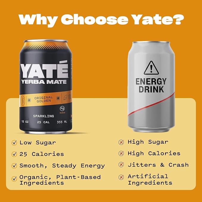 Yate Sparkling Yerba Mate - Original Golden Organic Yerba Mate Drink with Low Sugar &amp 25 Calories for Daily Energy - A Smooth Healthy Energy Drink with Antioxidants &amp Plant-Based Ingredients-