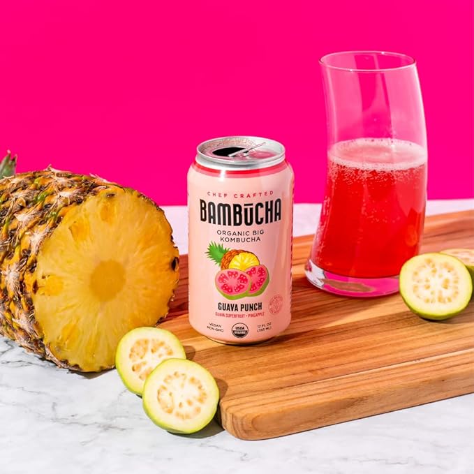 Bambucha Kombucha Guava Punch 12 Pack Case | Chef Crafted Flavor 100% Raw Kombucha Tea Drink | Organic Vegan Gluten Free Non GMO Probiotic (12 Fl Oz Cans)