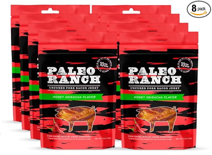 PALEO RANCH Uncured Bacon Jerky Honey Sriracha No Added Hormones No Preservatives 1.5-oz. Pouches (Pack of 8)