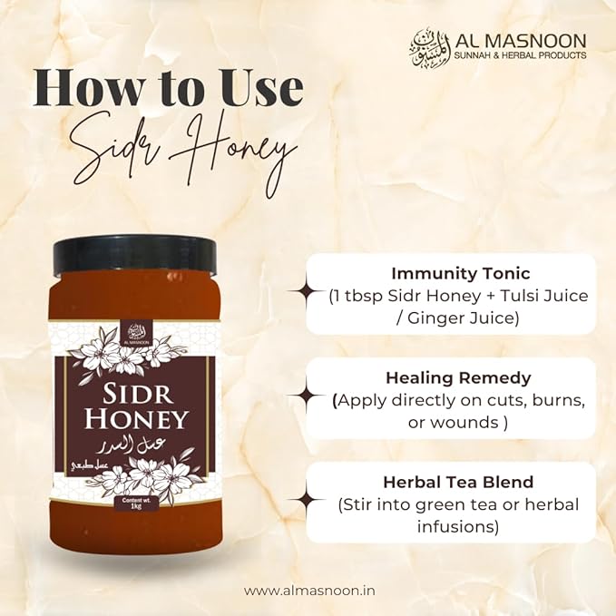 AL MASNOON Sidr Honey 1kg / Pure &amp Natural Wild Beri Honey | Raw Unprocessed Honey from Sidr Trees | Immunity Booster | Ayurvedic | No Additives or Preservatives | Pack of 1