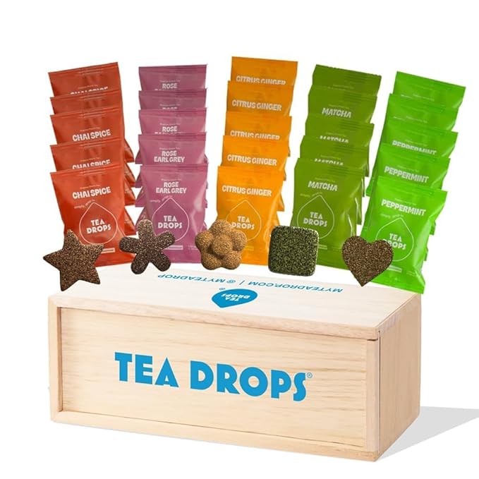 Tea Drops Sampler Box 25 Count | Organic Dissolvable Loose Leaf Tea | Iced or Hot | Microplastic-Free | Naturally Sweetened Organic Chai Rose Earl Grey Citrus Ginger Peppermint Matcha | 25 Serving
