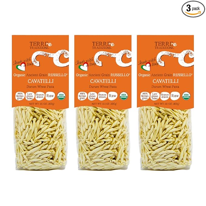 3 PACKS ORGANIC ITALIAN DURUM WHEAT CAVATELLI PASTA – Sicilian Ancient Grain Russello Vegan Crafted in Italy. LOW-GLUTEN INDEX. Has 6X More Fiber and Protein than Popular Grains