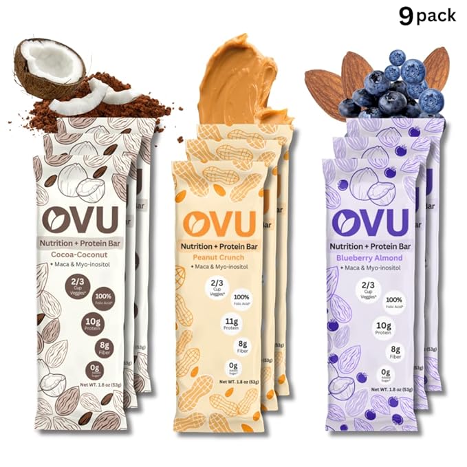 OVU Bar – Fertility Pregnancy &amp Postpartum Nutrition Support for Women Myo-Inositol Folic Acid Maca High Protein High Fiber Variety Pack 9 Bars