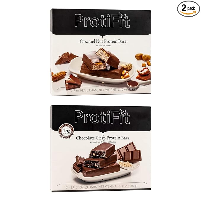 PROTIFIT - Low Calorie Caramel Nut &amp Chocolate Crisp Protein Bar 2 Pack High Protein 15g Protein Low Carb Low Sugar Ideal Protein Compatible 7 Servings Per Box (2 Pack)