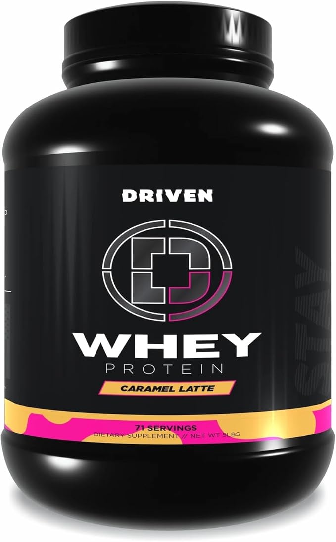 Driven WHEY- Whey Protein Powder: Delicious Clean Protein Shake- Improve Muscle Recovery with 23 Grams of Protein with Added BCAA and Digestive Enzymes (5lb Caramel Latte)
