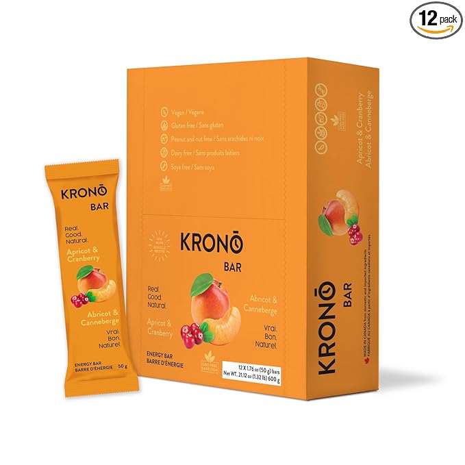 Krono Nutrition Energy Bar - Made with Natural Ingredients - Vegan - Gluten Free - Nuts Free - Soy Free - 50 gram per bars - 12 bars per box (12 count Apricot &amp Cranberry)