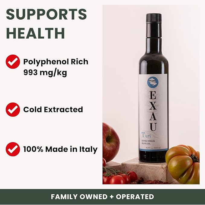 EXAU Italian Extra Virgin Olive Oil - Turi 993 mg/kg Polyphenol Rich Olive Oil Early Harvest 100% Pure Cold Pressed Italian Olive Oil From Italy Use for Drinking and Finishing 16.9 fl oz (500ml)