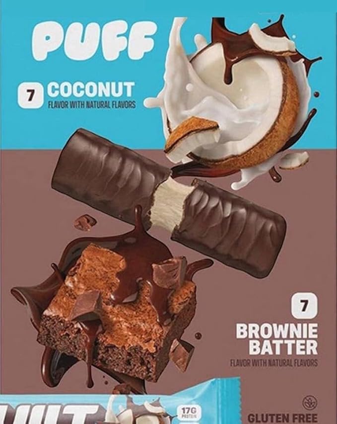 14 Pack Protein Bars 7 Coconut Flavor PUFF and 7 Brownie Batter 17g Protein Gluten Free 19.75 oz