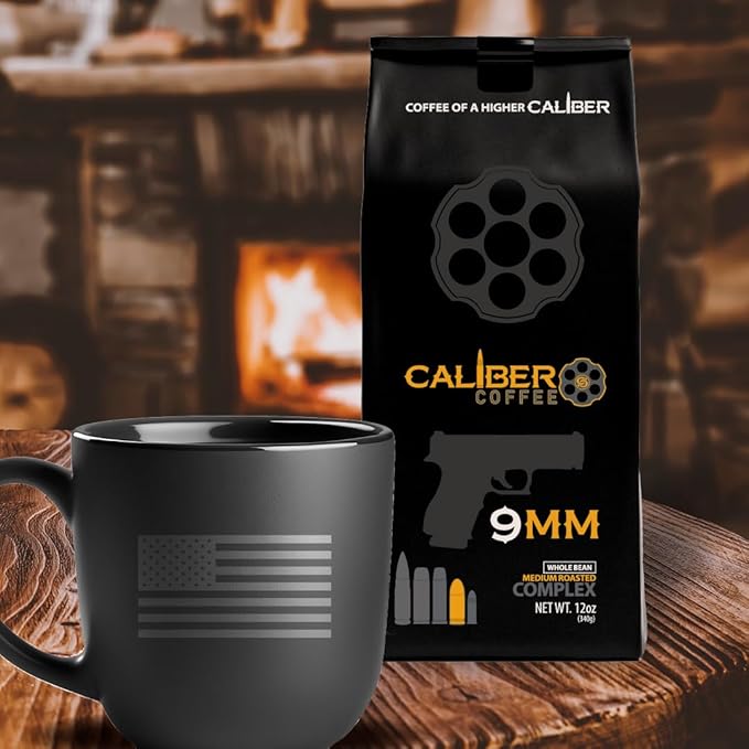 Caliber Coffee 9MM Ground Medium Roast – Complex Nutty Caramel Flavors – 100% Artisan Roasted Arabica Coffee – Small-Batch Hand-Crafted – Veteran Owned – 12oz Bag