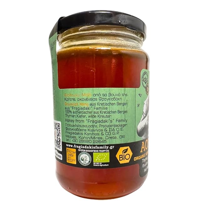 Aoritiko Organic Pure Cretan Mountain Honey | Organic Greek Honey | 100% Natural Wildflower &amp Herb-Infused Rich Aromatic Flavor Harvested from Pristine Greek Flora | 450 gram glass jar