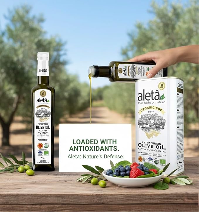 Aleta USDA Organic Greek Extra Virgin Olive Oil EU Certified Single Estate PDO Greece 1 Lt (33.8 oz.) Tin Kosher EK Pack of 1