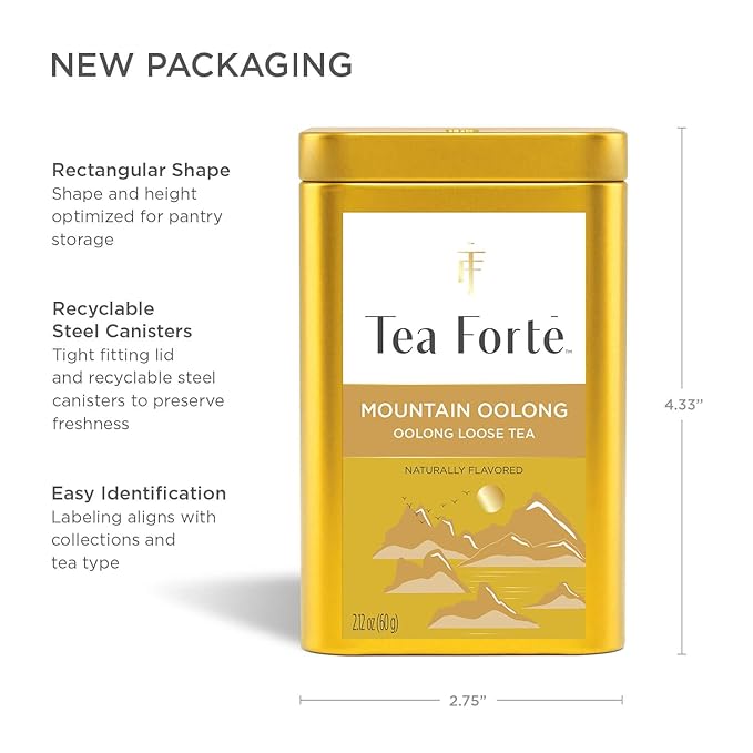 Tea Forte Mountain Oolong Premium Loose Leaf Caffeinated Oolong Tea Blend Canister Makes 35-50 Cups