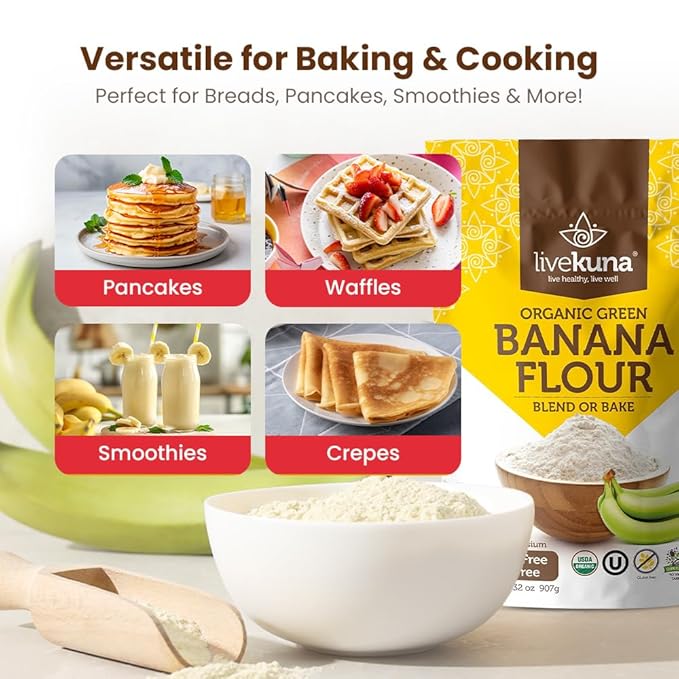 LiveKuna Organic Banana Flour - Gluten Free All Purpose Flour Alternative For Baking &amp Cooking Recipes - Grain Free Vegan Banana Flour Rich In Fiber &amp Vitamins for Keto &amp Paleo Diets 32o