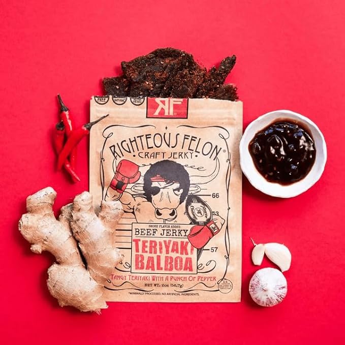 Righteous Felon Beef Jerky - Teriyaki Balboa Jerky - Gluten-Free Snacks - All-Natural Locally Sourced &amp Dried Beef Jerky - Low-Sugar High-Protein Healthy Snacks - 2 Ounces Each Pack of 8