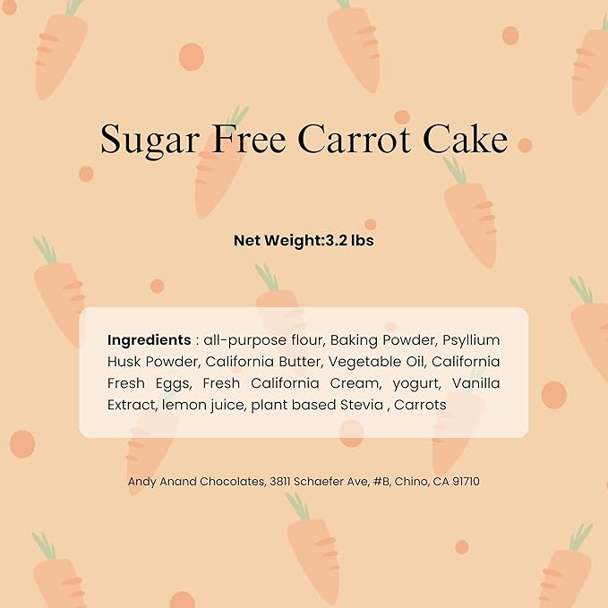 ANDY ANAND CHOCOLATIER Sugar Free Carrot Cake | Indulgent Moist &amp Flavorful | You Won't Believe It's Sugar-Free &amp Diabetic-Friendly | All-Natural No Preservatives (3.2 lbs)