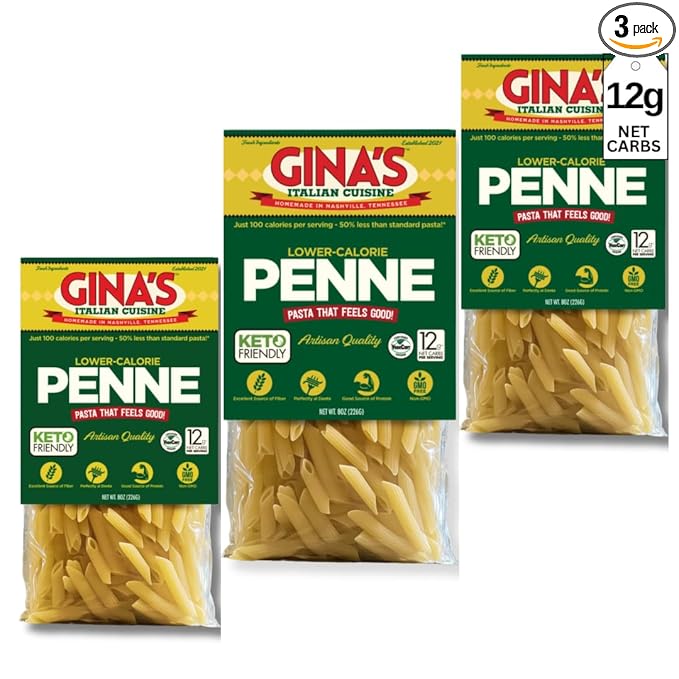 Gina's Italian Cuisine Low Carb/Low Calorie Healthy Pasta Penne – 100 Calories/Serving Low Net Carbs High Fiber High Protein Plant-Based Vegan Keto Non-GMO Enhanced Nutrients Delicious Authen