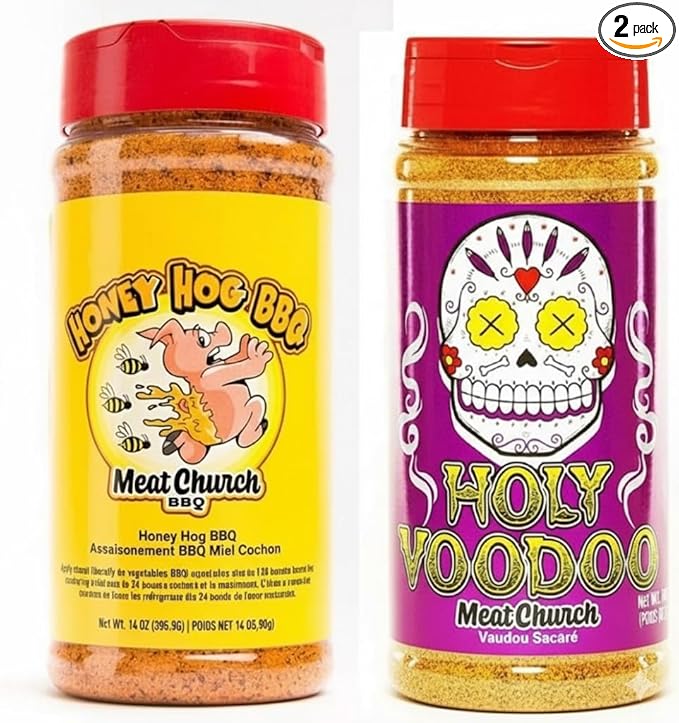 Meat Church BBQ Rub Combo: Honey Hog (12.5 oz) and Holy VooDoo (13 oz) BBQ Rub and Seasoning for Meat and Vegetables Gluten Free One Bottle of Each