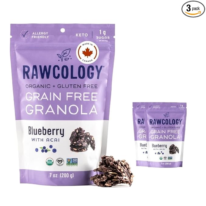 Rawcology Organic Keto Grain Free Raw Crunch Granola - Blueberry with Acai 3 x 200 Gram Pack