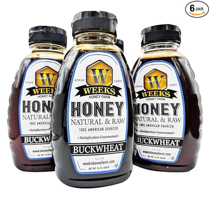 Pure Raw Unfiltered Buckwheat Honey 16 oz (6 Pack) - Premium Dark American Buckwheat Honey by Weeks Honey Farm | Bold Molasses Flavor