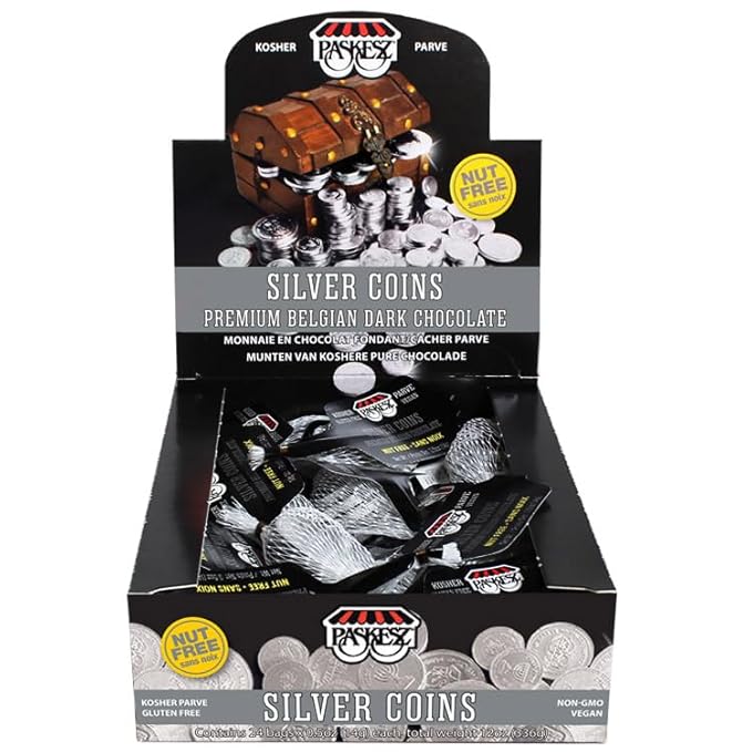 Only Kosher Candy Nut Free Dark Chocolate Hanukkah Gelt Coins With Silver Foil Wrap 24 x 0.5 Oz Sacks (Mesh Bags) Delicious Chocolate (Pack of 2)