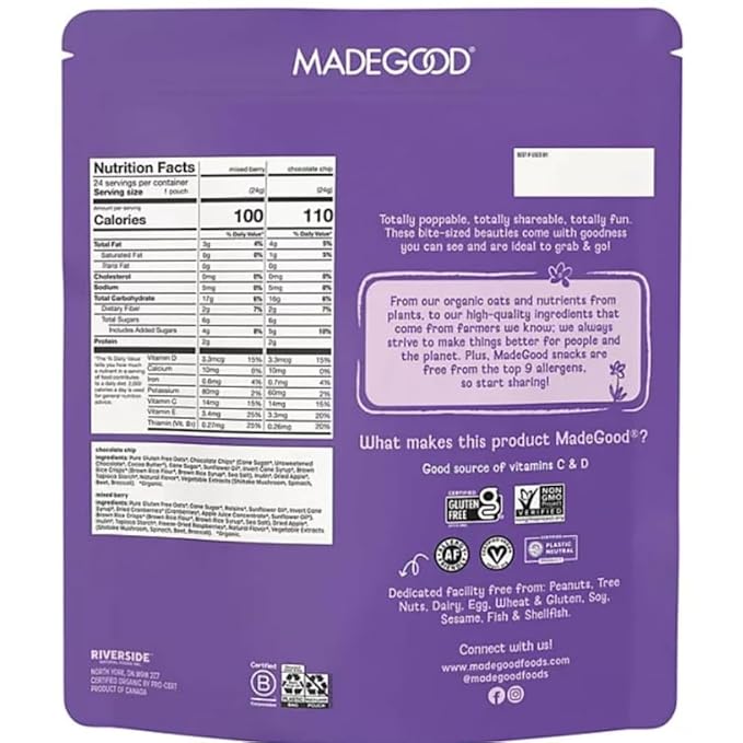 MadeGood' Organic Granola Bites Variety Pack Mixed Berry &amp Chocolate Chip USDA Organic Allergy Friendly Snack 20.3 oz (24 Servings) (Pack of 2)