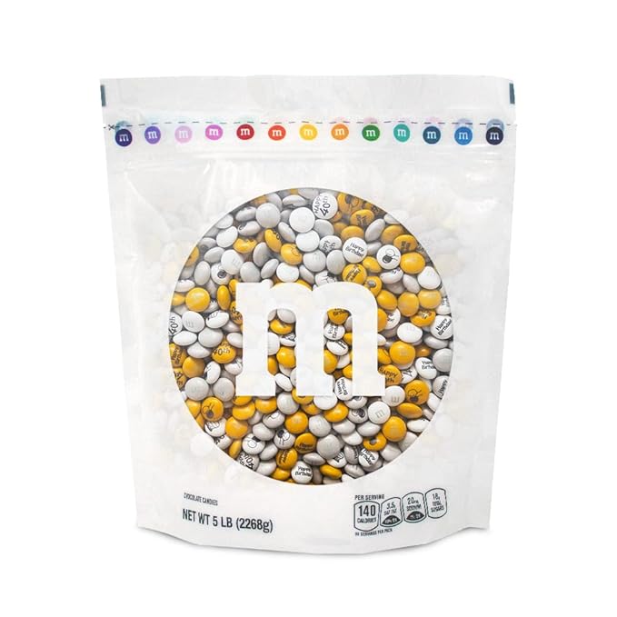 M&ampM'S Milk Chocolate Happy 40th Birthday Candy - 5lb of Bulk Candy with Printed Birthday Clipart Perfect for Birthday Gifts Cupcakes Over The Hill Party Favors Birthday Cake Toppers and Party