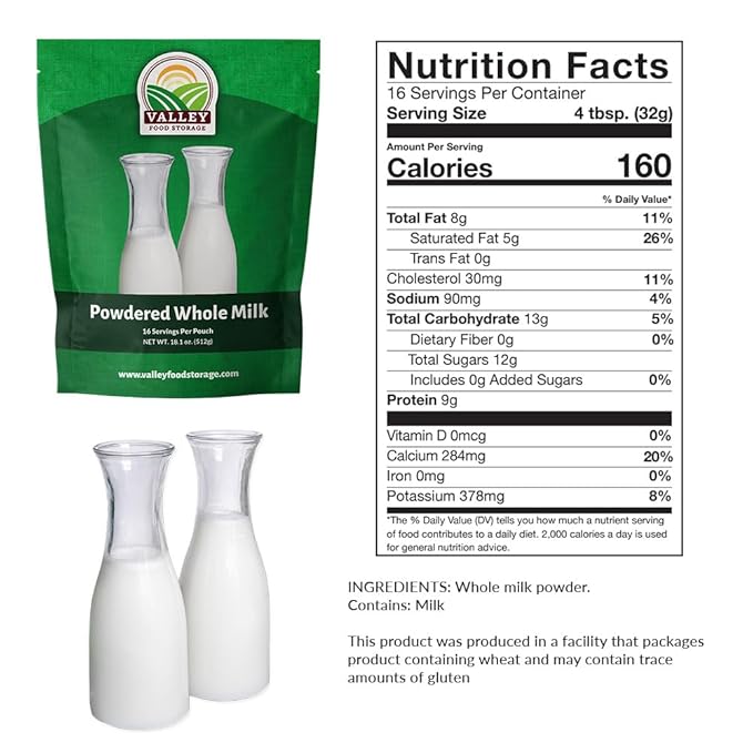 Valley Food Storage Whole Milk Powder | Contains Vitamin A &amp Vitamin D | Powdered Milk Long Term Storage 25 Year Shelf Life | Camping Food Backpacking Meals Prepper Supplies &amp Survival Food