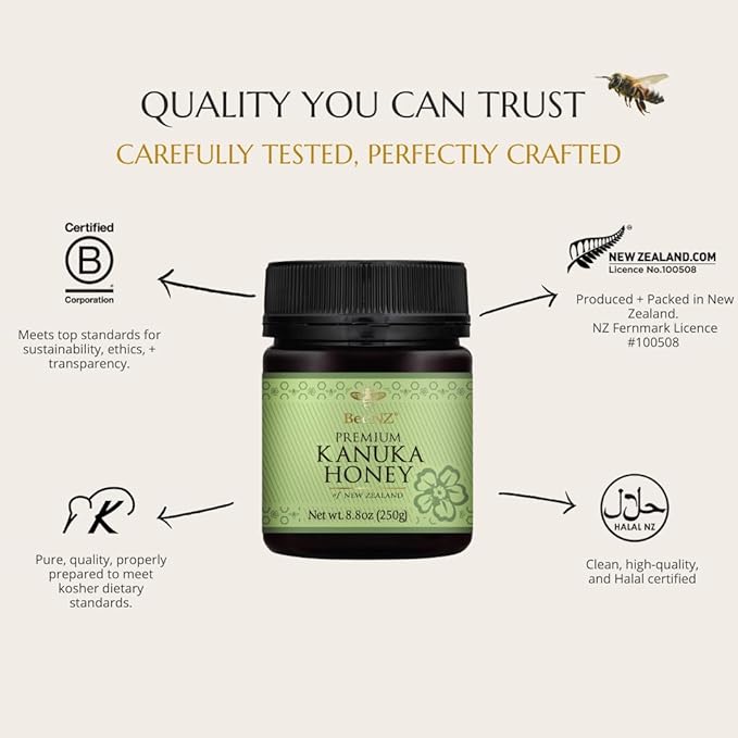 BeeNZ Raw Kānuka Honey – Pure New Zealand Monofloral Kānuka Honey Natural Sweetener &amp Superfood for Wellness Skin Care and Gourmet Food Pairing - No Sugar Added Pantry Staple Hive-to-Jar Trac